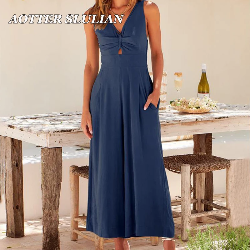 Women Casual Jumpsuit Long Wide Leg Pants Ladies V-neck Sleeveless Loose Jumpsuits Pleated Pocket Straps Cutout Rompers Bodysuit summer women pleated one line collar long sleeved casual ruffled jumpsuit ladies high waist french shorts one piece suit rompers