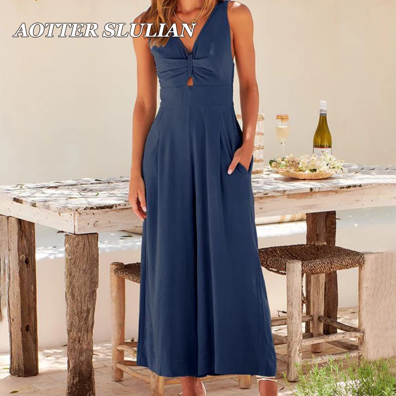 Women Casual Jumpsuit Long Wide Leg Pants Ladies V-neck Sleeveless Loose Jumpsuits Pleated Pocket Straps Cutout Rompers Bodysuit