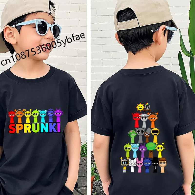 Cartoon Sprunki character printed kids T-shirt pure cotton short-sleeved black cartoon top for boys 6
