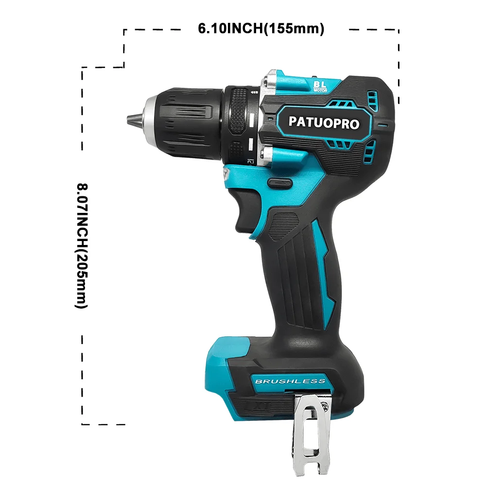 PATUOPRO 브러시리스 전기 드릴, 21 토크 목공 무선 휴대용 전동 공구, Makita 18V 배터리 (배터리 없음), 10mm