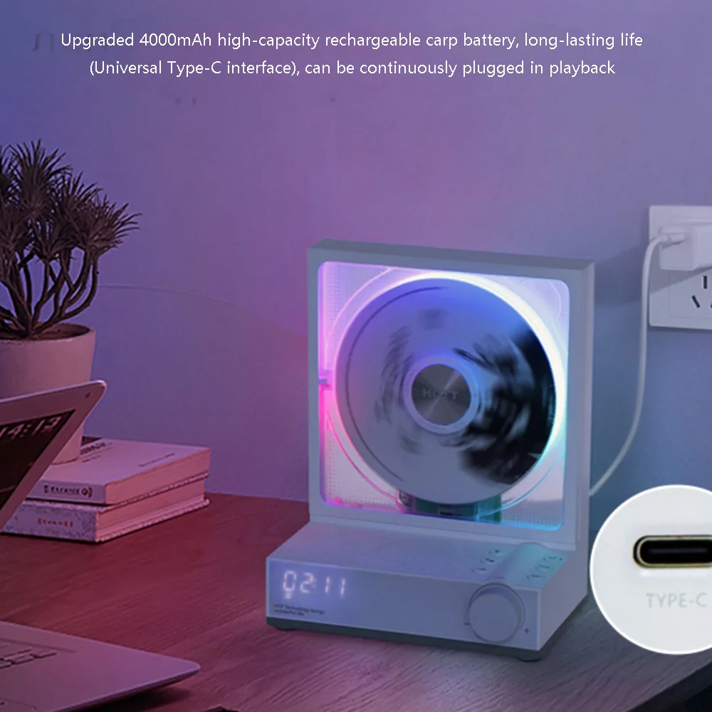 양방향 블루투스 RGB 눈부신 컬러 조명 효과, 레트로 하이파이 CD 플레이어, 충전식 음악 플레이어 내장