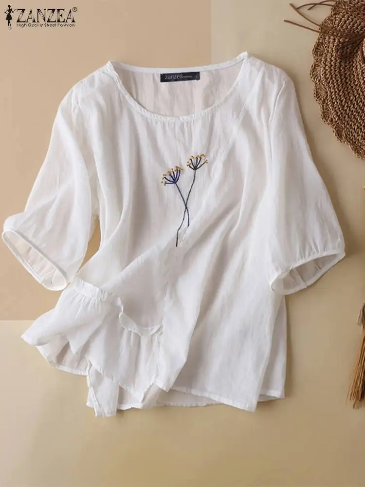 

Летняя Повседневная Блузка ZANZEA с оборками на подоле, модная рубашка с цветочным принтом, Женская туника с полурукавом и круглым вырезом, топы, праздничные Блузы
