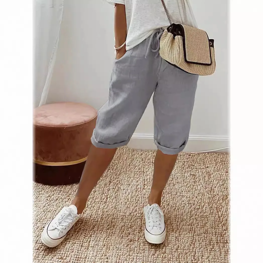 Women's Cotton and Linen Pocket Elastic Casual Pants Women's Pants Quarter Pants