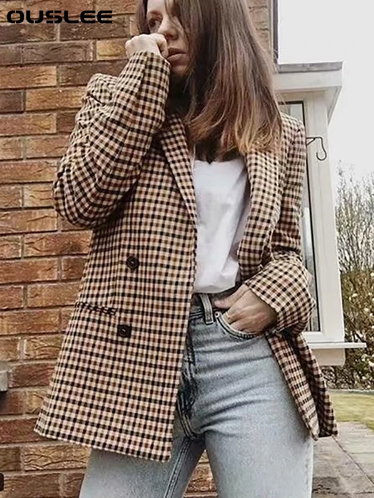 OUSLEE Women Fashion Office Wear Double Breasted Check Blazers Coat Vintage Long Sleeve Pockets Female Outerwear Chic Jacket Top
