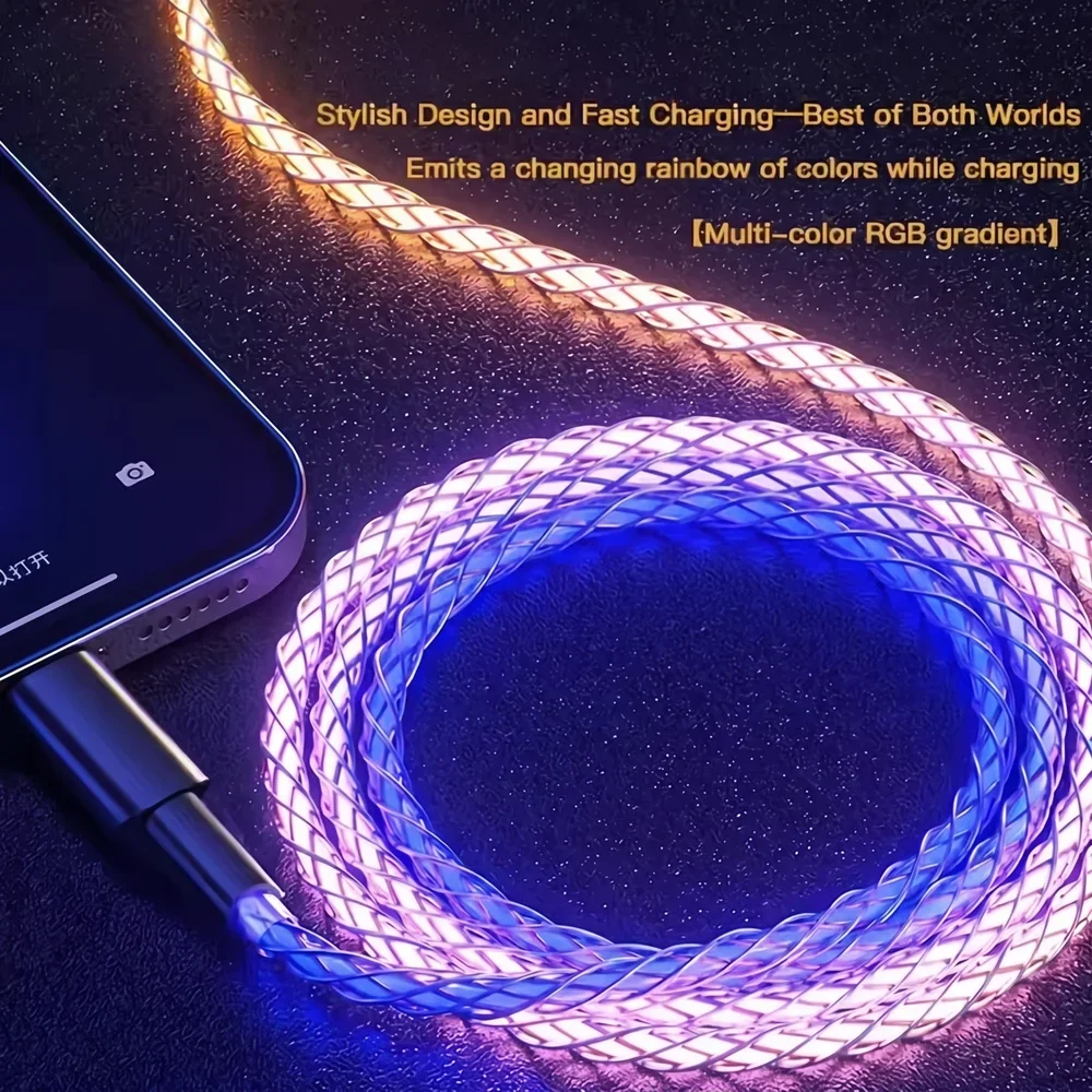 66W 플로잉 LED 발광 RGB USB C to Type C 충전 케이블, 아이폰 17 16 Pro, 화웨이, 삼성, 오포, 비보용 데이터 동기화 USB 케이블