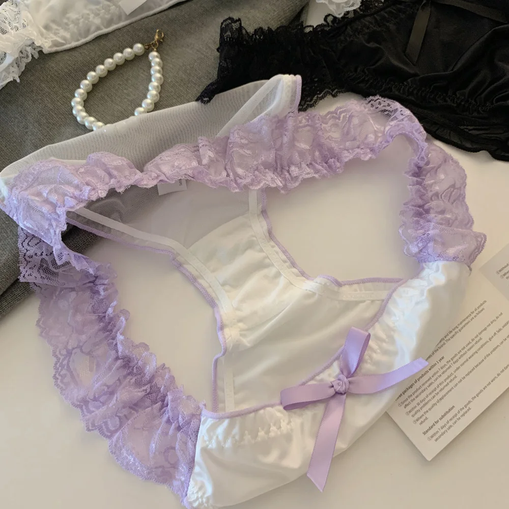 Women's Panties Lace Ruffle Satin Sexy Underwear Women's Low Waist Mesh Hollow Out Panties Sweet Girl Breathable  Briefs Lingeri