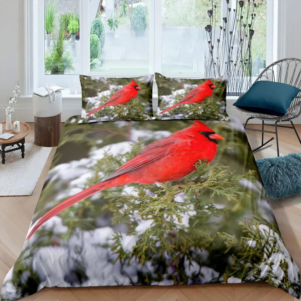 Cardinal Duvet Cover Set Red Bird Bedding Set for Child Youth Pine Tree Comforter Cover Animal Snow King Size Soft Quilt Cover