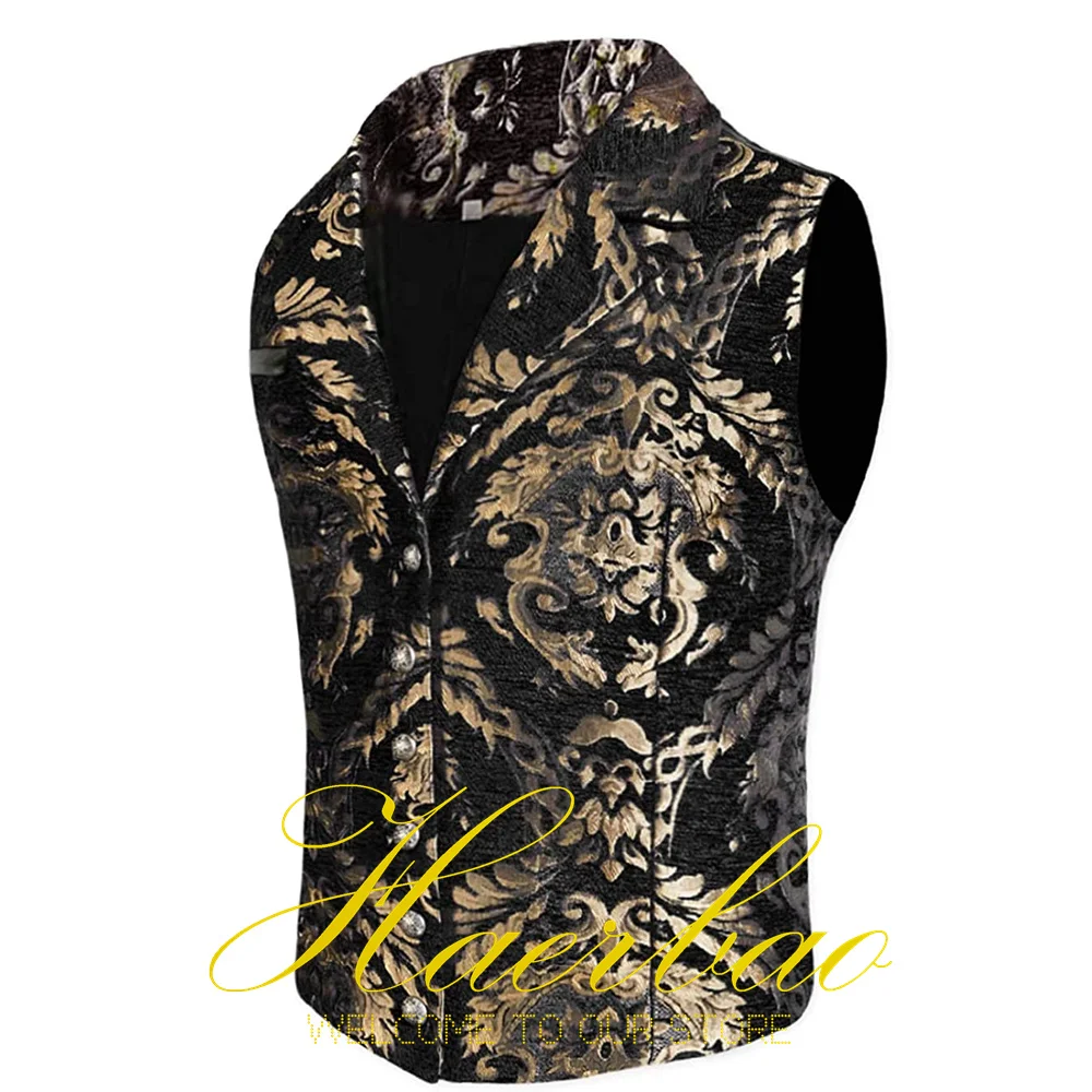 Men's Suit Vest Gold Calico Pattern Lapel Sleeveless Jacket Formal Party Waistcoat Fashion Vests chaleco hombre