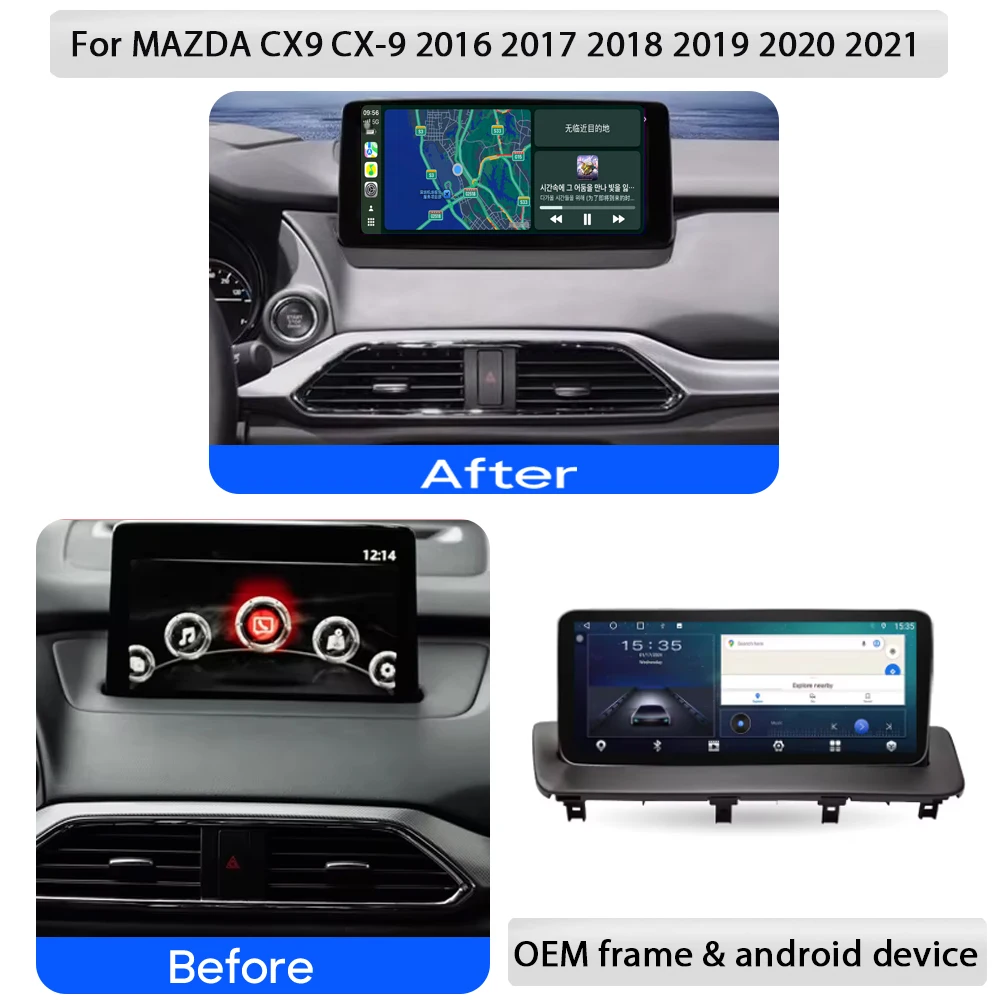Radio para Auto con Android 16 y Carplay de 12.3'' para MAZDA CX9 CX-9 2016 2017 2018 2019 2020 2021, Estéreo para Auto con Bluetooth, Pantalla Multimedia 2