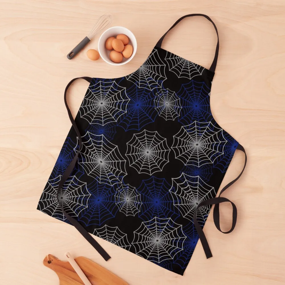 

Blue and White Spider Web Cobweb Silk Halloween Pattern on Dark Black Apron Things For The Home Chef Accessory Kitchen Chef