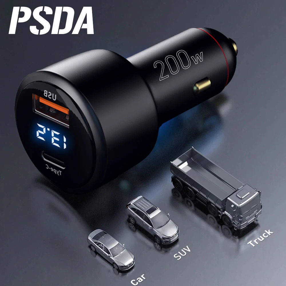 

PSDA 200W 3D PD100W QC+PPS Dual Quick Charger Type C Fast Charging Car Charger Mobile Phone Tablet Laptop Charge Auto Charger