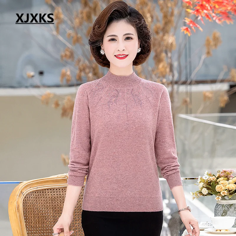 

XJXKS Solid Color All-match Women's Turtleneck Sweater 2022 Winter New Exquisite Diamond 100% Pure Wool Knitted Pullover