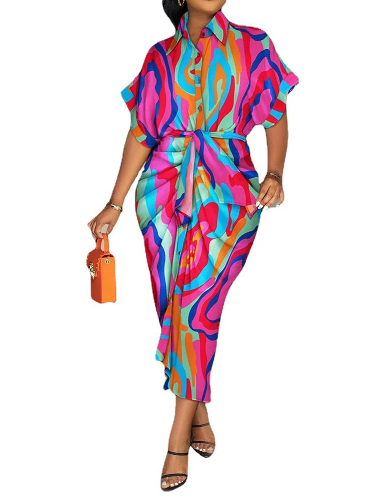 Women Floral Print Blouse Dress Casual Midi