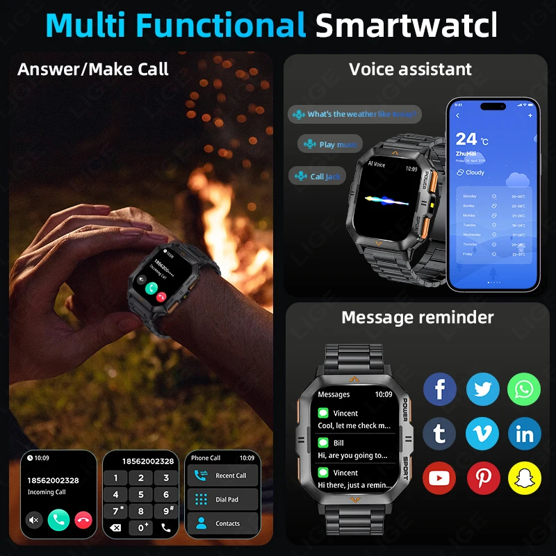 LIGE Outdoor Sports Smart Watch 2.01”HD Screen Blood Oxygen LED Flashlight Bluetooth Talking Smart Watch for Men Holiday Gifts