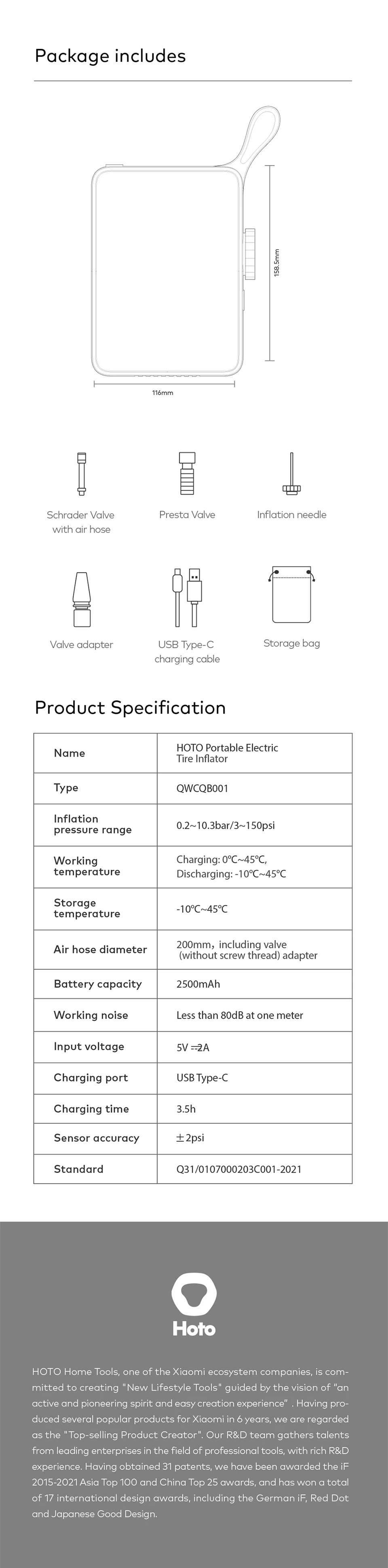 HOTO Electric Air Pump Mini: Smart Portable Wireless Tire Air Pump with Digital Detection