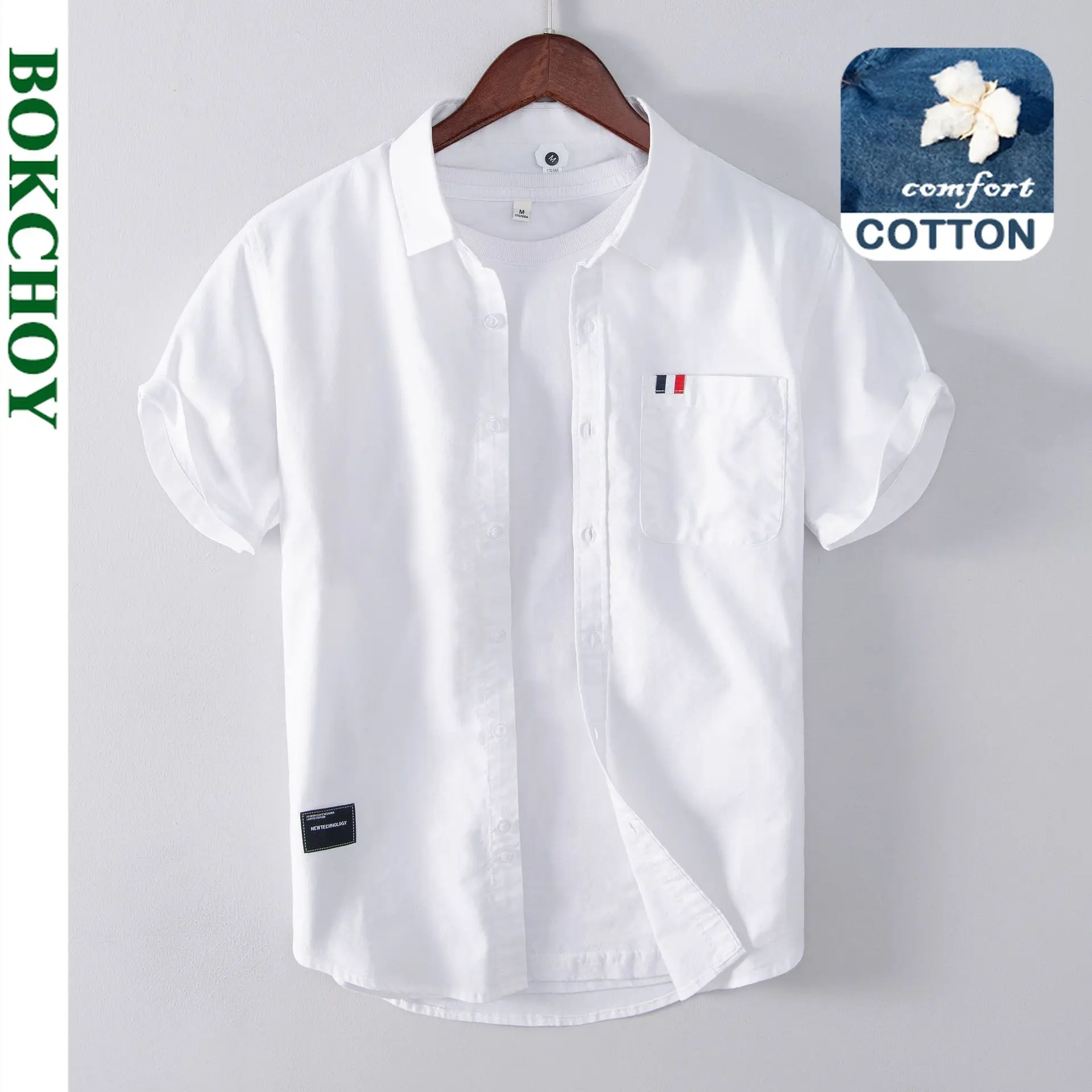 Cotton Shirt for Men Spring Summer Casual Short-sleeved All-match Solid Color 100% Cotton