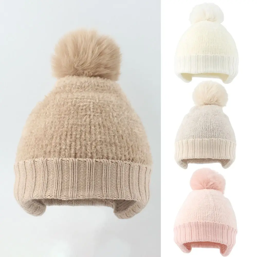 

Fleece Lined Children's Ear Protection Hat Cute Windproof With Pom Pom Baby Knitted Hats Warm Thicken Warm Cap Girls Boys