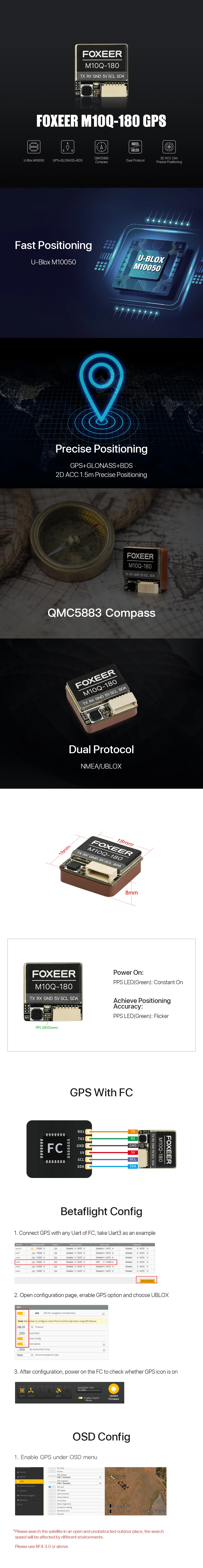 Description Picture 2 of itemFoxeer M10Q-250 / M10Q-180 / M10Q-120 M10 Dual Protocol GPS Module Built-in QMC5883 Compass Ceramic Antenna for FPV Long Range