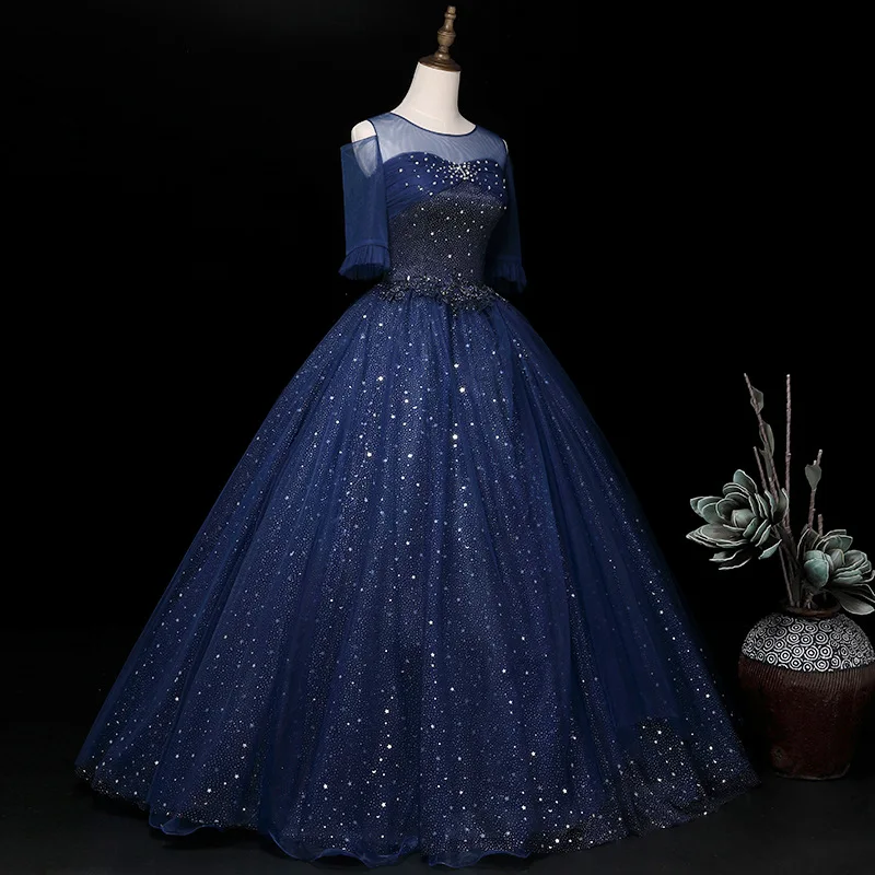 Dark Blue Quinceanera Dresses New Illusion O-neck Half Sleeve Robe De Bal Classic Elegant Bling Shining Plus Size Customized