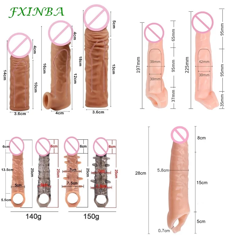 Penis Sleeve 14-27cm Realistic Penis Sleeve Extender Cock Sleeve Dick Enlargement Delay Ejaculation Reusable Condom Men Sex Toys