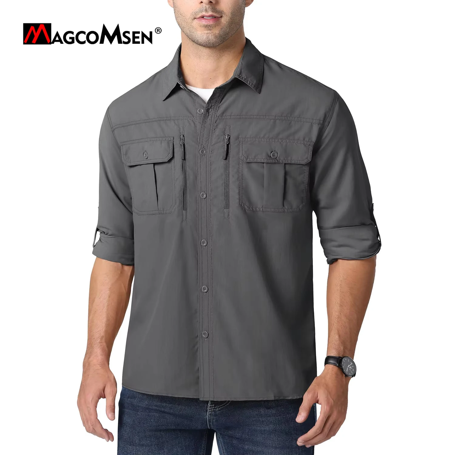 MAGCOMSEN UPF 50+ Safari Shirt Mens Summer Cargo Shirts