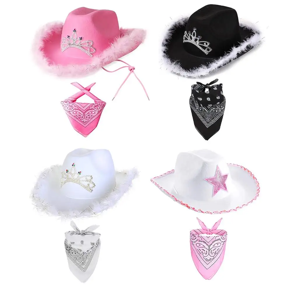 Kids Western Cowboy Hat With Head Scarf Set Children Boys Girls Halloween Cosplay Cap Carnival Party Cowgirl Costume Accessory