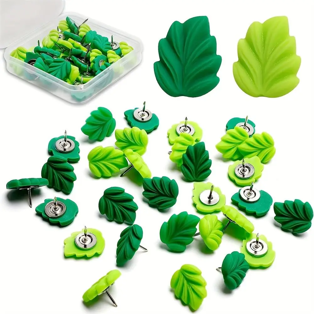 50pcs 녹색 잎 모양 플라스틱 푸시 핀 금속 컬러 컬러 푸시 핀 플라스틱 귀여운 장식 스터드 학교 문구