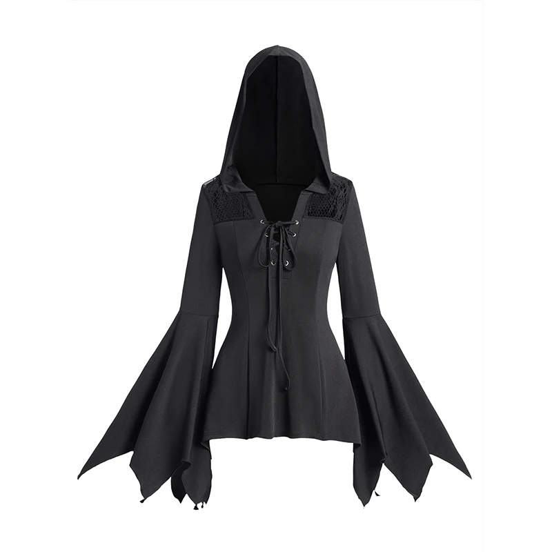 Dressfo 2024 Womens Lace Panel Flare Sleeve Hooded Top Plain Color Lace Up Long Sleeve Gothic Tops