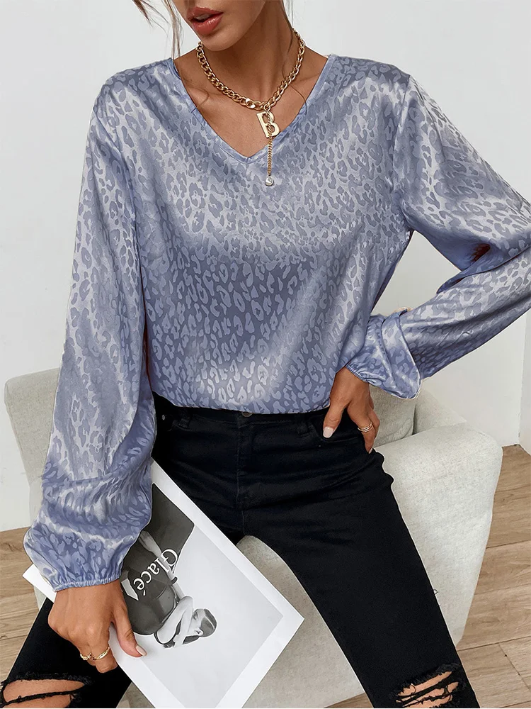 2022 Spring Fashion Shirt Women V-neck Pullover Leopard Blouse Women's Imitation Silk Jacquard Long-sleeved Shirts Blusas Female