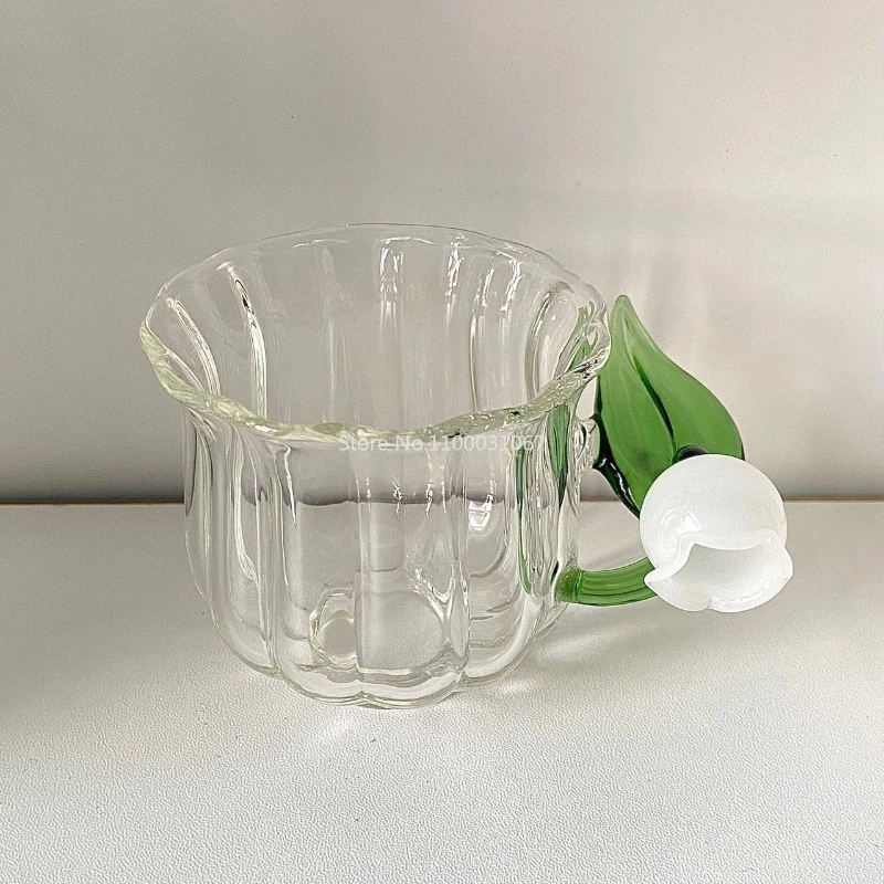 

Lily of The Valley Glass Lovely Cup Home Office Glass Milk Coffee Cup Tea Cup Bell Orchid Handle Small Cup Wine Glass Set Cute