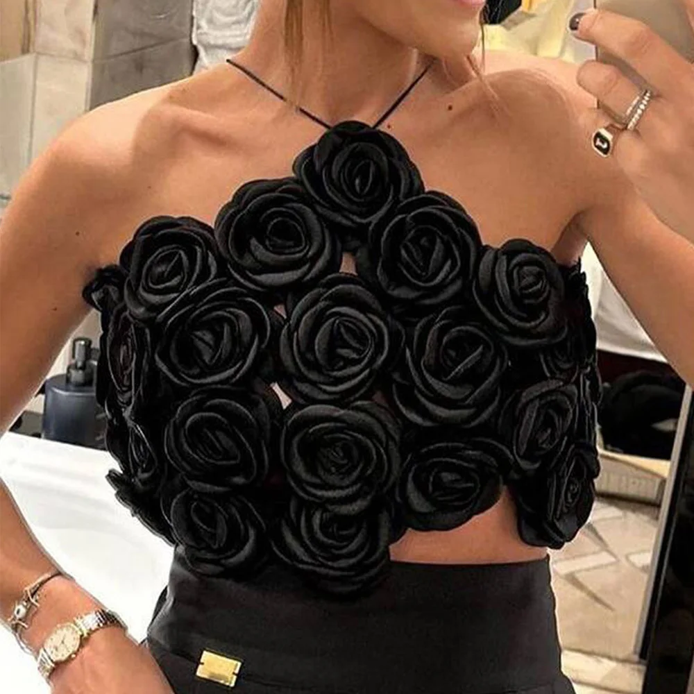 

SJ Fashion 2024 Luxury Designer Women Black 3D Rose Flower Halter Crop Top Laced up Sexy Evening Club Corset Camis Top