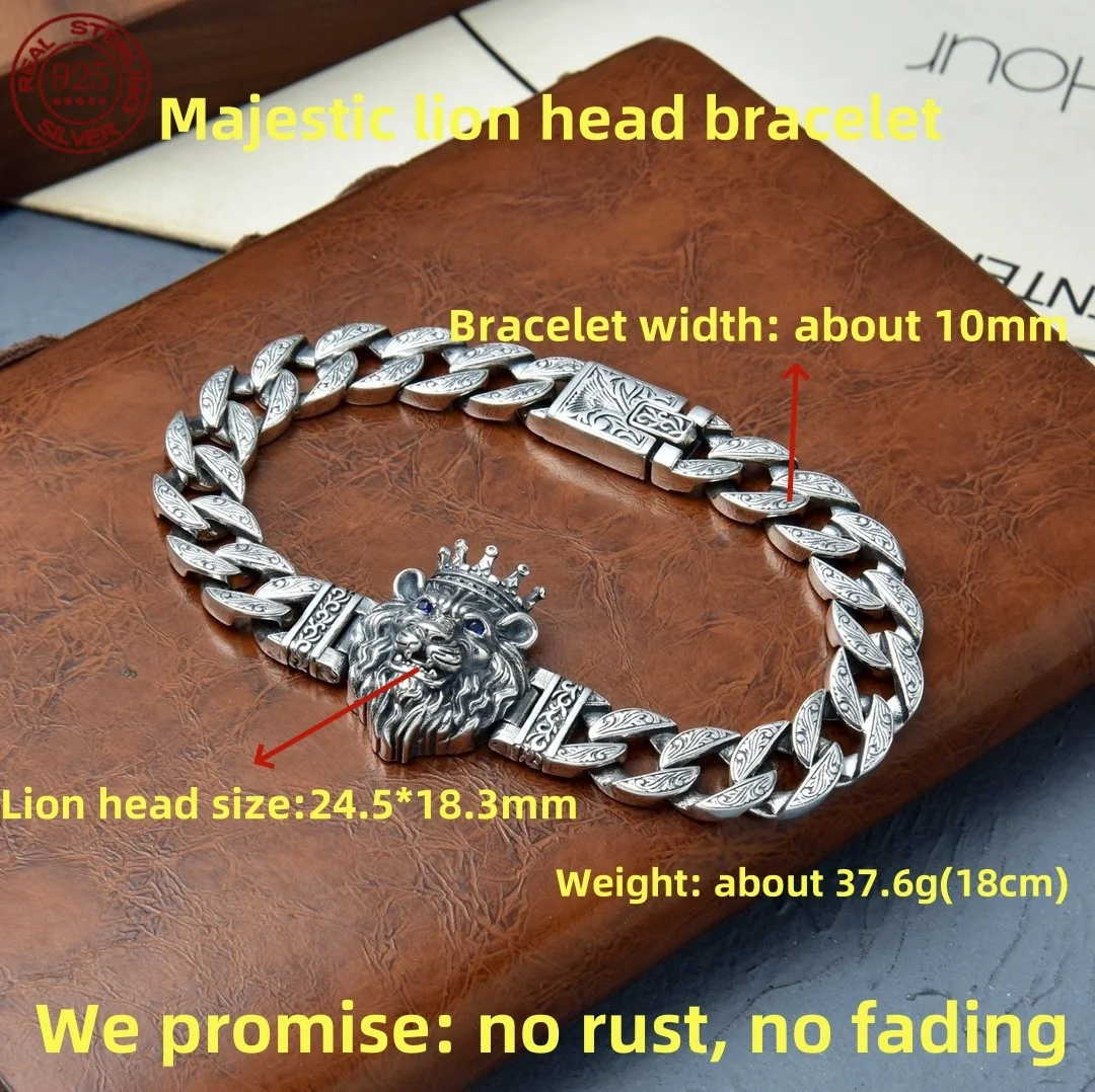 S925 Sterling Silver Tiger Head Men's Bracelet Aggressive Retro Swivel Tiger Cuban Chain Personalized Fashion Hand Jewelry