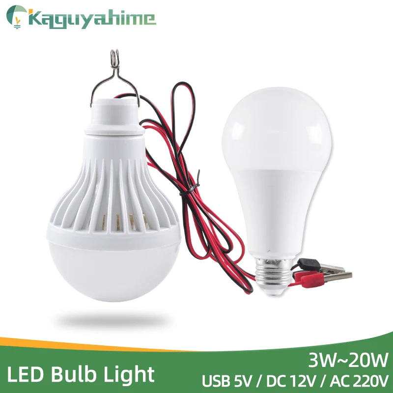 Kaguyhime Clip/E27 LED Bulb DC 12V/AC 220V Portable Ring Hang Light Lamp 3W 7W 9W 12W 15W for Outdoor Camping Fishing Emergency