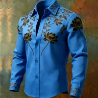 Chemise homme de luxe à manches longues avec broderie lotus en fil doré, texture satinée, col à revers, chemise décontractée et formelle 5