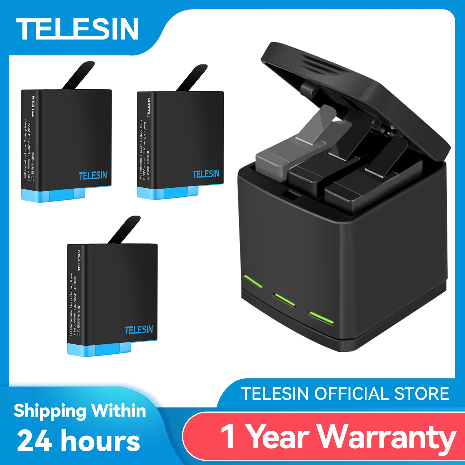 TELESIN-Lot de 3 Batteries 1750mAh, Chargeur GoPro 12 11 Slots
