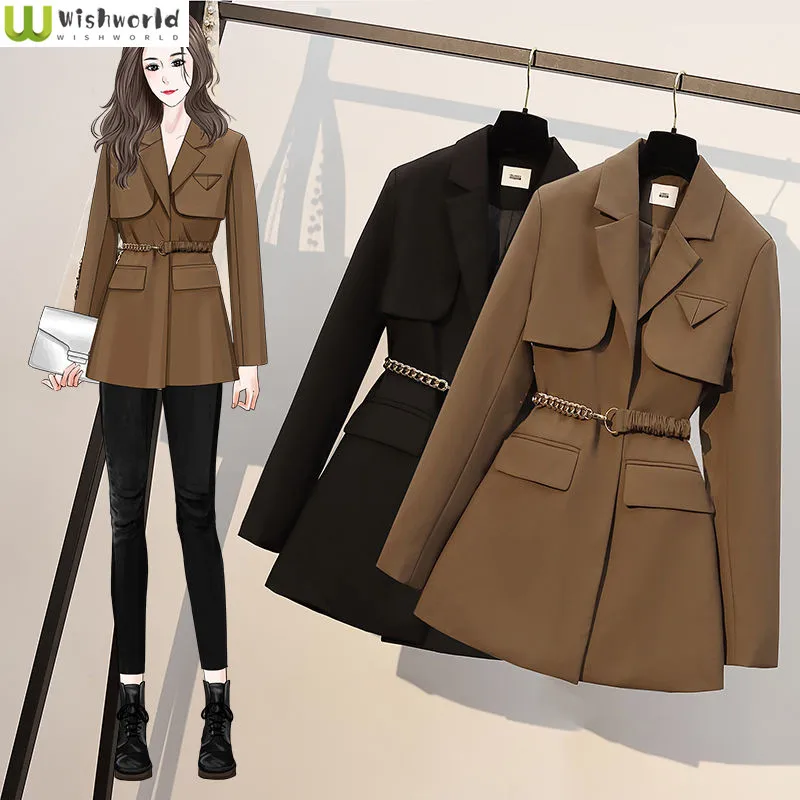 Fashionable Korean Women's Clothing Spring and Autumn Windbreaker Age Reducing Loose Thin Temperament Medium Long Suit Coat spring and autumn new korean loose temperament plaid suit coat women s medium length suit top