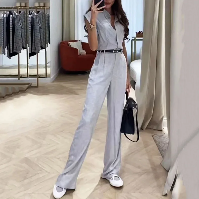 LIYONG Women Two Piece Set Summer Office Fashion Solid V Neck Sleeveless Top Casual Loose With Pockets Pants Sets Streetwear women jumpsuits summer overalls multicolor ethnic style sleeveless casual rompers with pockets for girls playsuit capri pants