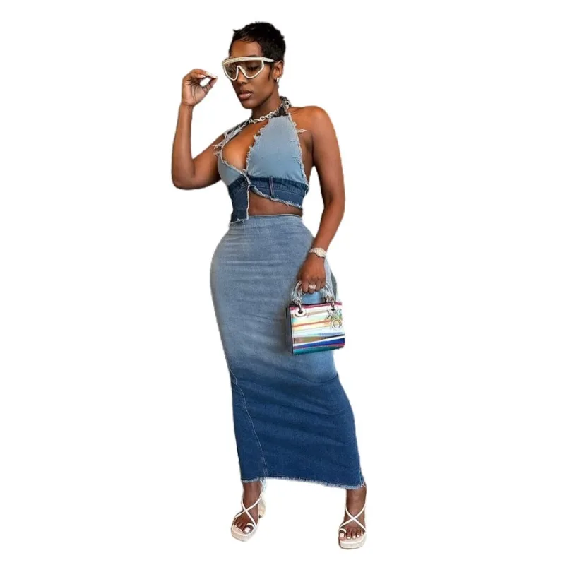 Gradient Blue Denim Women Sexy Two Piece Set 2023 Autumn Halter Lace Up Backless Camis Long Split Skirt Y2k Clothing Streetwear