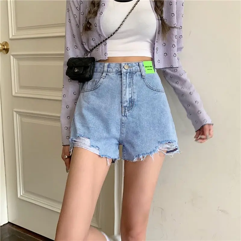 

Fashion Women Korean Simple Sexy Hole Denim Shorts Girls Casual Summer High Waisted Slim A-line Jeans Hot Pants Trend Black Blue