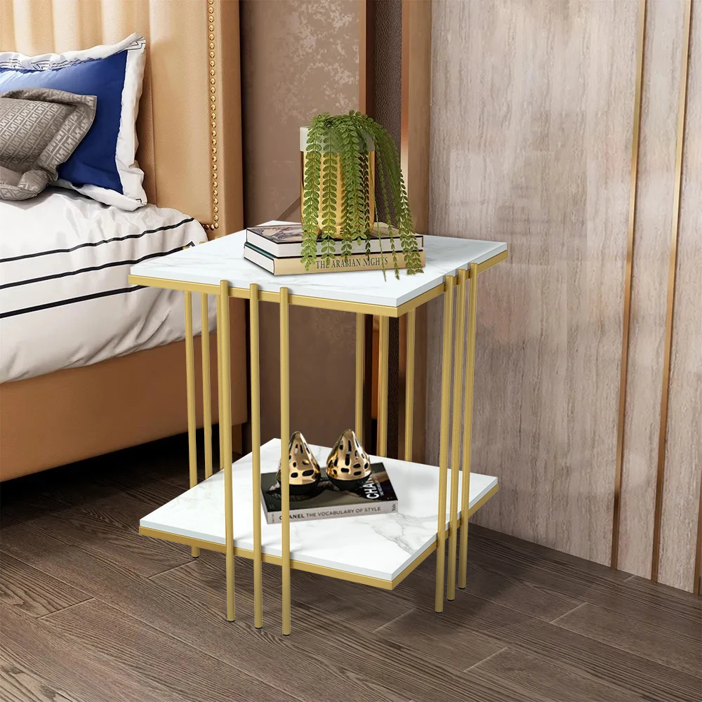 Tea Table End Table For Office Coffee Table Square Marble Top Gold Legs Magazine Shelf Small