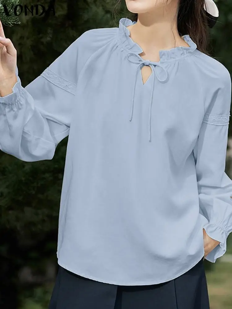 

VONDA Women Elegant Tunic Tops 2023 Summer Solid Color Blouse Femininas Bohemian Long Sleeve Casual Loose Shirts Blusas Baggy