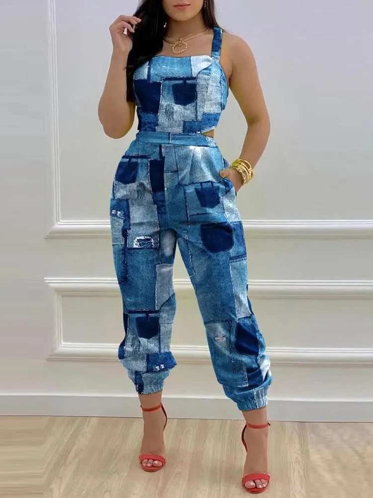 

Женский комбинезон с принтом, повседневный комбинезон с карманами, брюки-карандаш с открытыми плечами без рукавов, комбинезон в стиле пэчворк, лето 2023
