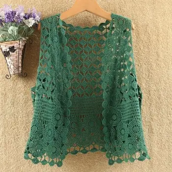 Summer Simple Fashion Solid Color Sleeveless Sexy Cardigan Hollow Fashion Korean Vest Women's Korean Loose Bohemian Beach Top