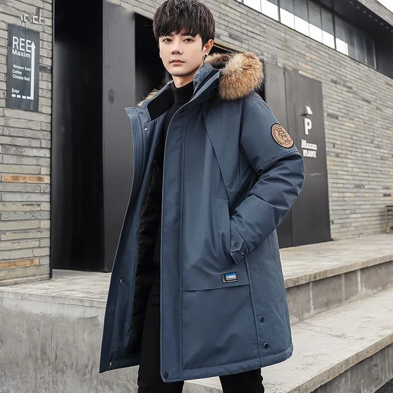 

2023 New Men Down Jacket Winter Coat Mid-length Loose Parkas Thicken Warm Fur Collar Outwear Hooded Fashion Overcoat