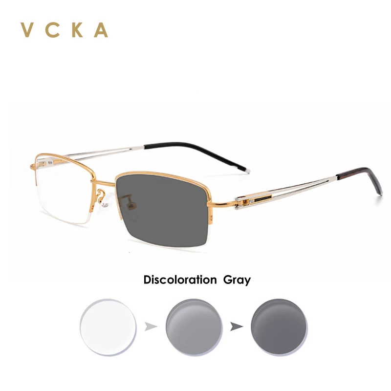 

VCKA Titanium Alloy Photochromic Reading Glasses Luxury Men Business Half Frame Discoloration Hyperopia Eyewear +50 to +600