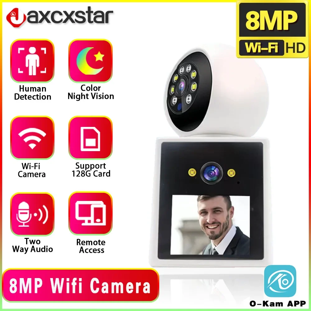 O-Kam 8MP dual lens dual screen IPS Screen video call response AI Auto Trakcing Two Way Audio indoor security camera