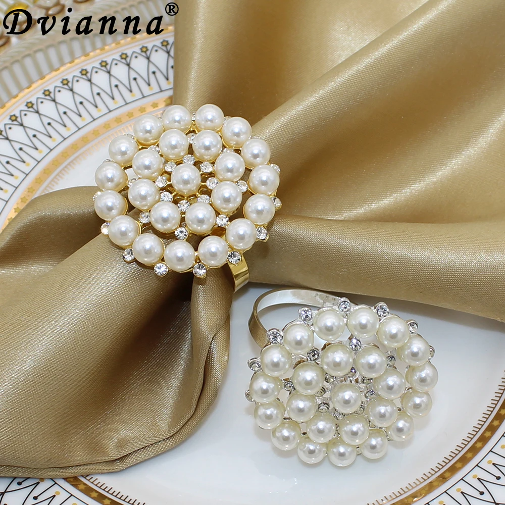 4 Metal Flower Napkin Rings with Faux Pearls and Rhinestones Silver