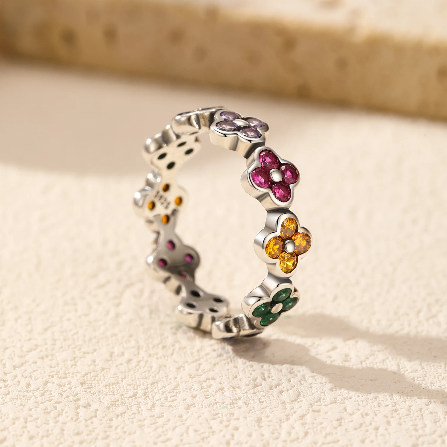 MODIAN 925 Sterling Silver Sweet Rainbow Color Zirconia Lucky Four Leaf Clover Fashion Finger Rings For Women Fine Jewelry 4