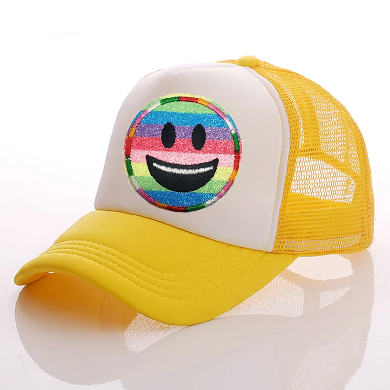 23 Colors Glitter Smiley Embroidered Cloth Sticker Mesh Hat Trucker Hat Summer Ladies Sunshade Beach Hat Summer Pool Party Hat men's skullies & beanies Skullies & Beanies