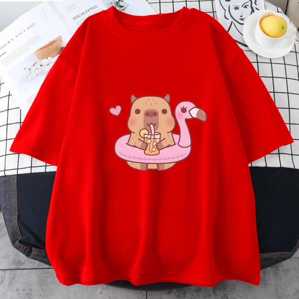 Women's Summer Capybara Bubble Tea Anime Print O-neck Cotton T-shirt
